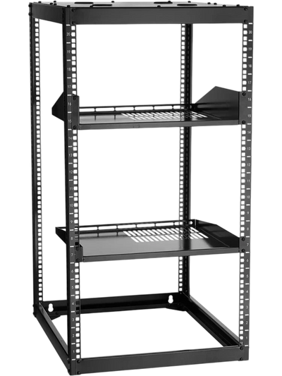 VEVOR 20U Open Frame Network Rack, 23 in Depth, Wall Mounted or Floor Standing Server Rack, Heavy Duty 4 Post, with Vented Shelves & Mounting Hardware, Holds All Your Networking IT Equipment AV Gear
