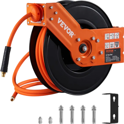 VEVOR Retractable Air Hose Reel, 3/8 IN x 50 FT Hybrid Air Hose Max 300PSI, Air Compressor Hose Reel with 5 In Lead in, Ceiling / Wall Mount Heavy Duty Double Arm Steel Reel