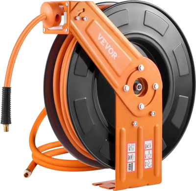 VEVOR Retractable Air Hose Reel, 3/8IN x 100FT Rubber Air Hose Max 300PSI, Air Compressor Hose Reel Auto-Rewind with 5FT Lead in, Ceiling/Wall Mount Heavy Duty Single Arm Steel Reel, 1/4