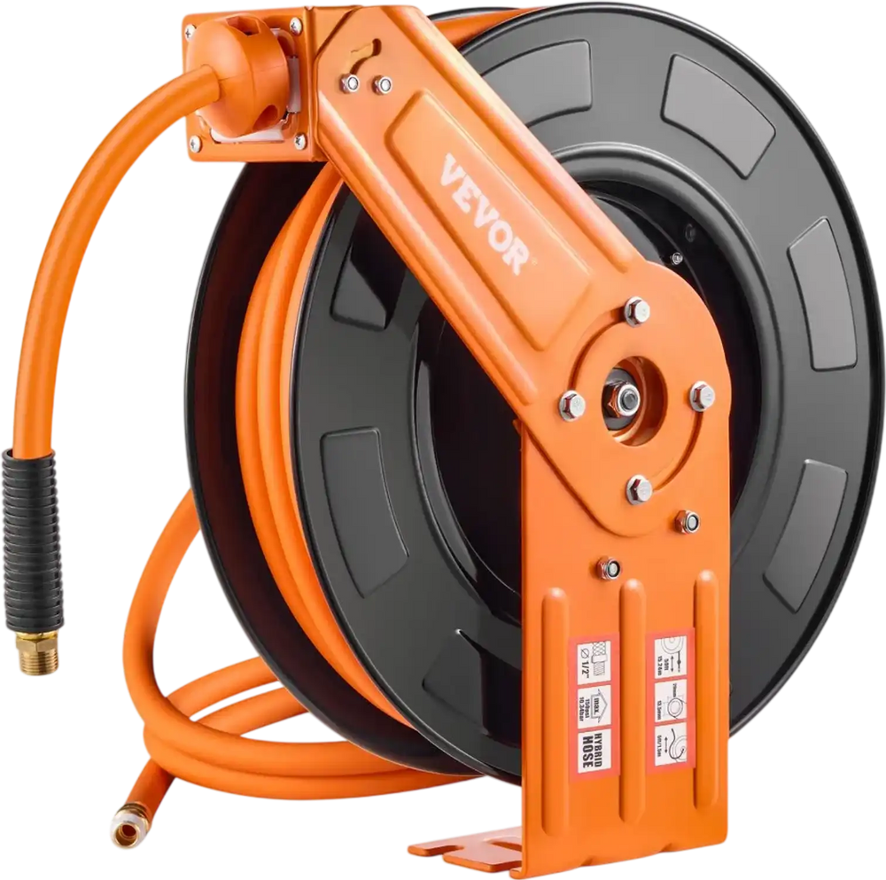 VEVOR Retractable Air Hose Reel, 1/2 IN x 50 FT Hybrid Air Hose Max 300PSI, Air Compressor Hose Reel Auto-Rewind with 5FT Lead in, Ceiling/Wall Mount Heavy Duty Single Arm Steel Reel, 1/2" NPT Fitting