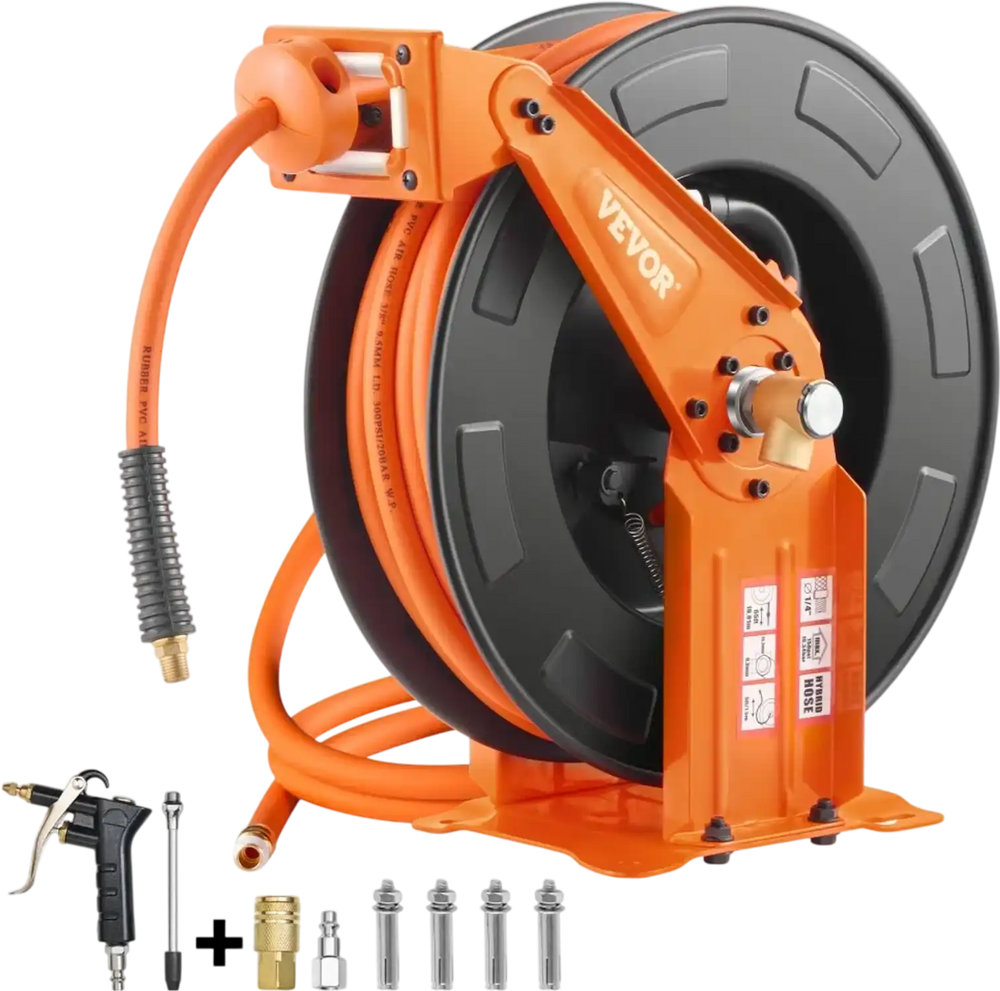 VEVOR Retractable Air Hose Reel with Double Arms, 3/8 IN x 65FT Hybrid Air Hose Max 300PSI, Air Compressor Hose Reel with 5FT Lead in, Ceiling/Wall Mount Heavy Duty Steel Reel for Workshop Garage