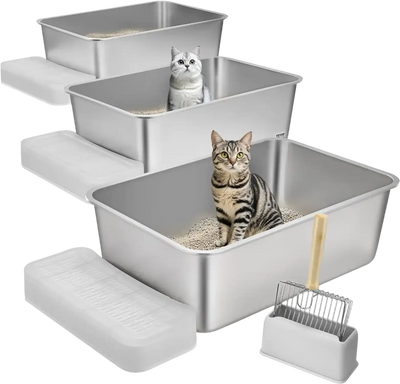 VEVOR Cat Litter Box, 8 inches Deep, XL Extra Large Stainless Steel Cat Litter Box with Scoop, Wide Filtering Foot Board & High Sides, Enclosed Odor-Free Easy-to-Clean Litter Box, Fit for Big Cats