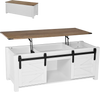 VEVOR 47.2 in Farmhouse Lift Top Coffee Table, Rustic Center Table with Barn Door and Hidden Storage Compartment, Modern Rectangle Lifting Tabletop for Living Room, Office, Home, Easy Assembly, White