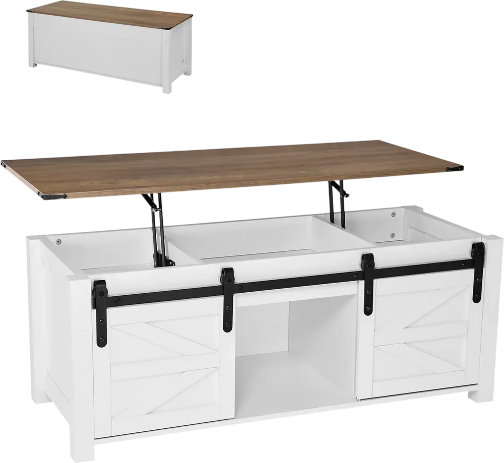 VEVOR 47.2 in Farmhouse Lift Top Coffee Table, Rustic Center Table with Barn Door and Hidden Storage Compartment, Modern Rectangle Lifting Tabletop for Living Room, Office, Home, Easy Assembly, White