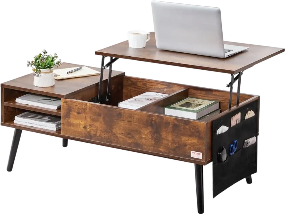 VEVOR Lift Top Coffee Table, 39.4 in Rectangle Coffee Table with Extra Storage Pockets, Pop Up Coffee Table for Living Room, Brown