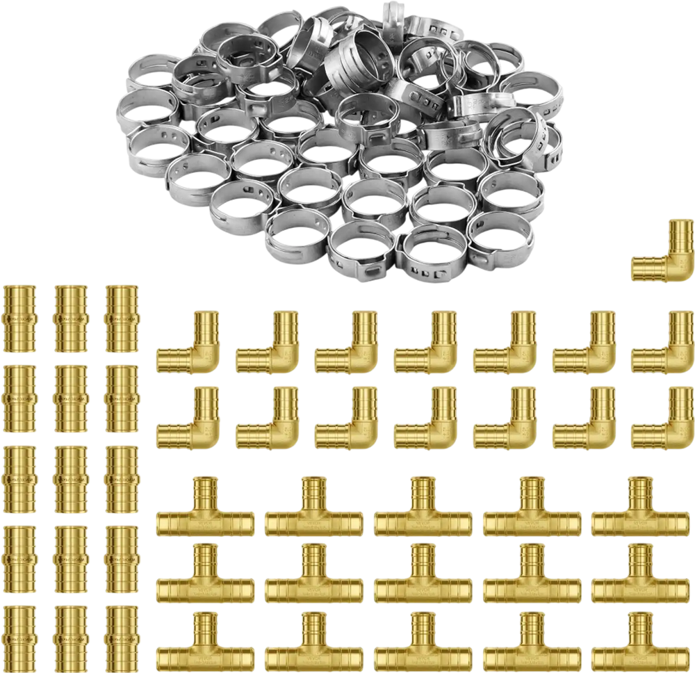 VEVOR Pipe Fittings, 3/4" 45PCS (15xStraight, 15xElbows, 15xTees) Brass Pipe Fittings, Push-Fit Pipe Connector Brass Air Fittings, Plumbing Fittings Adapter for Heating/Shower Systems, Water Pipes