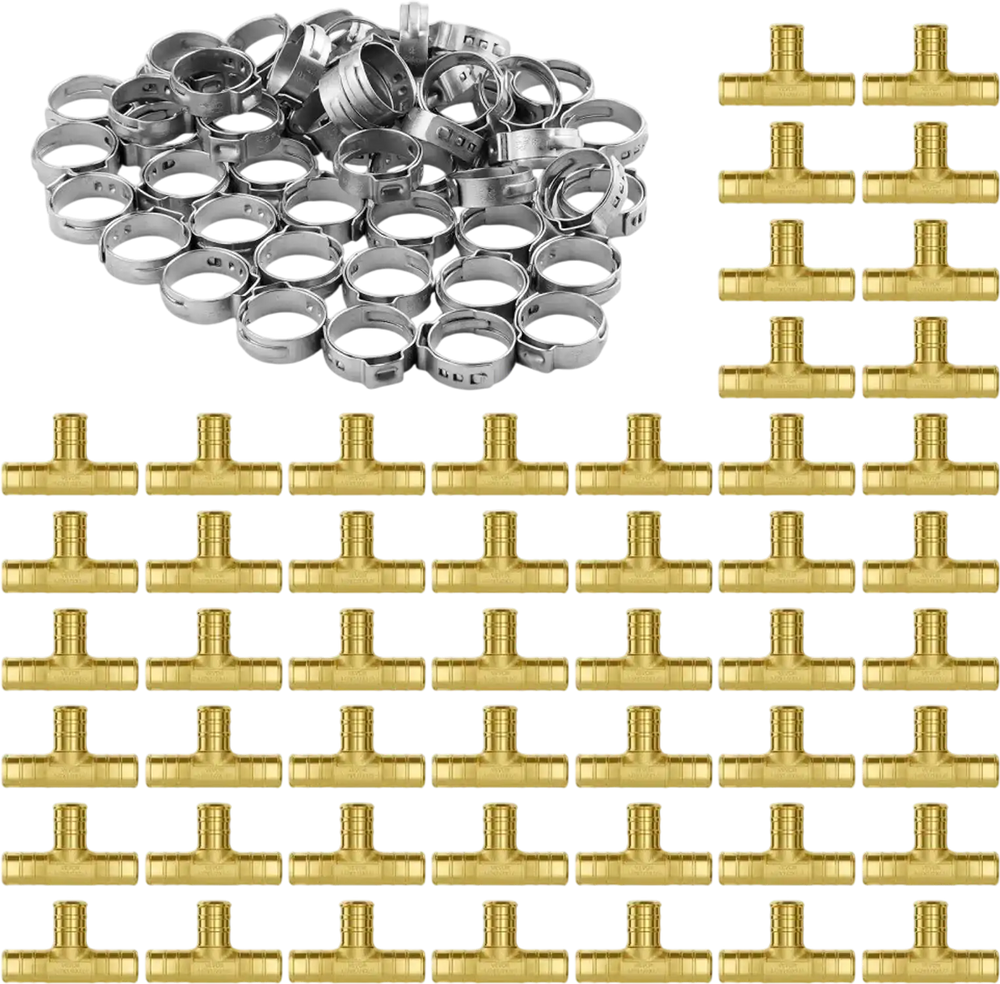 VEVOR Pipe Fittings, 1/2" 50PCS Brass Pipe Fittings, Clamp-style Tee Pipe Connector Brass Air Fittings, Heavy Duty Plumbing Fittings Tube Adapter for Heating/Shower Systems,Outdoor Water Pipes