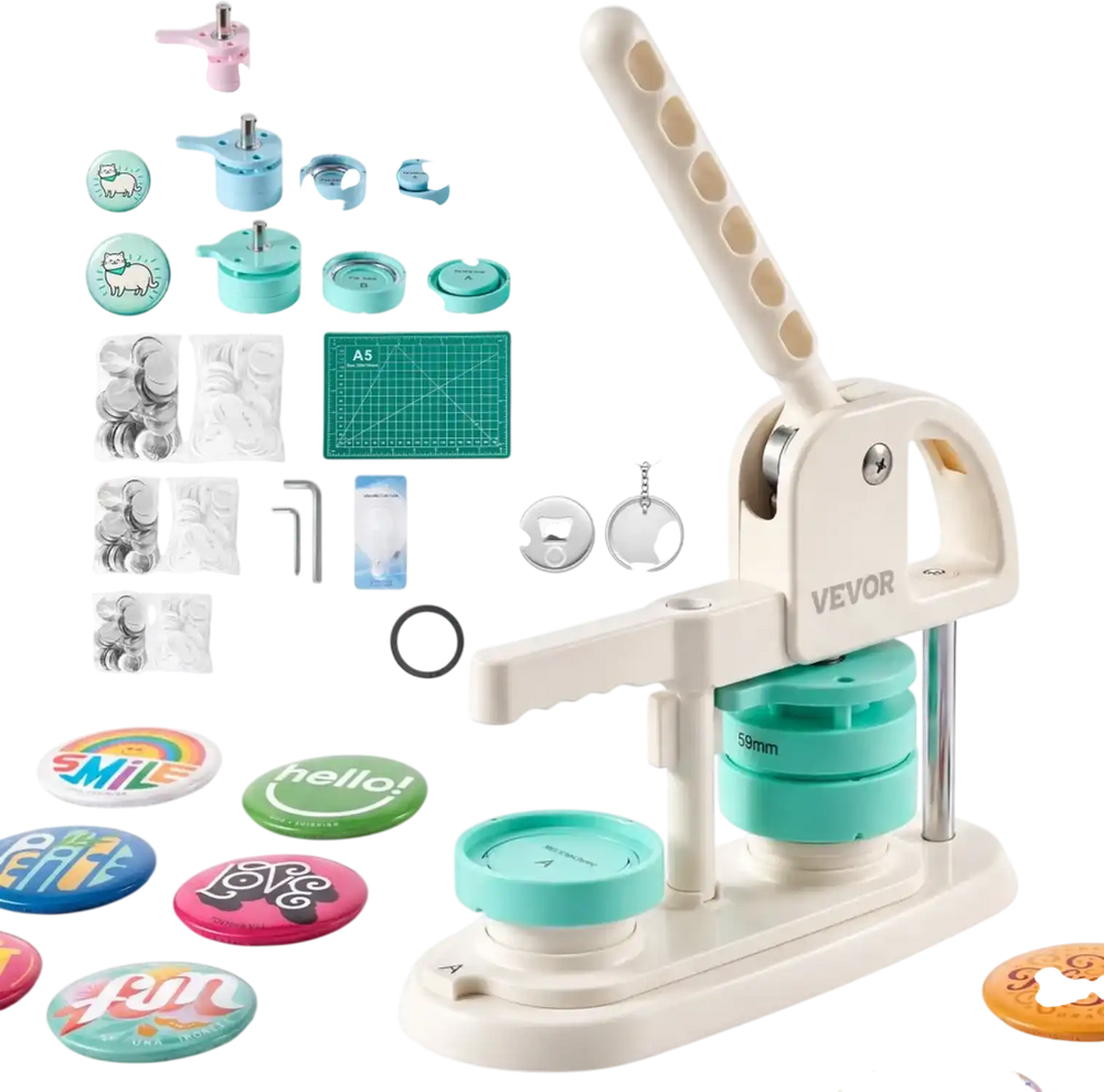 VEVOR Button Maker Machine, 1"/1.25"/2.25"(25/32/58 mm), Quick-Change Plastic Pin Maker with 500pcs Button Parts, 15 pcs Fridge decoration, Bottle Openers, and Keychains, for DIY Badges, Pins