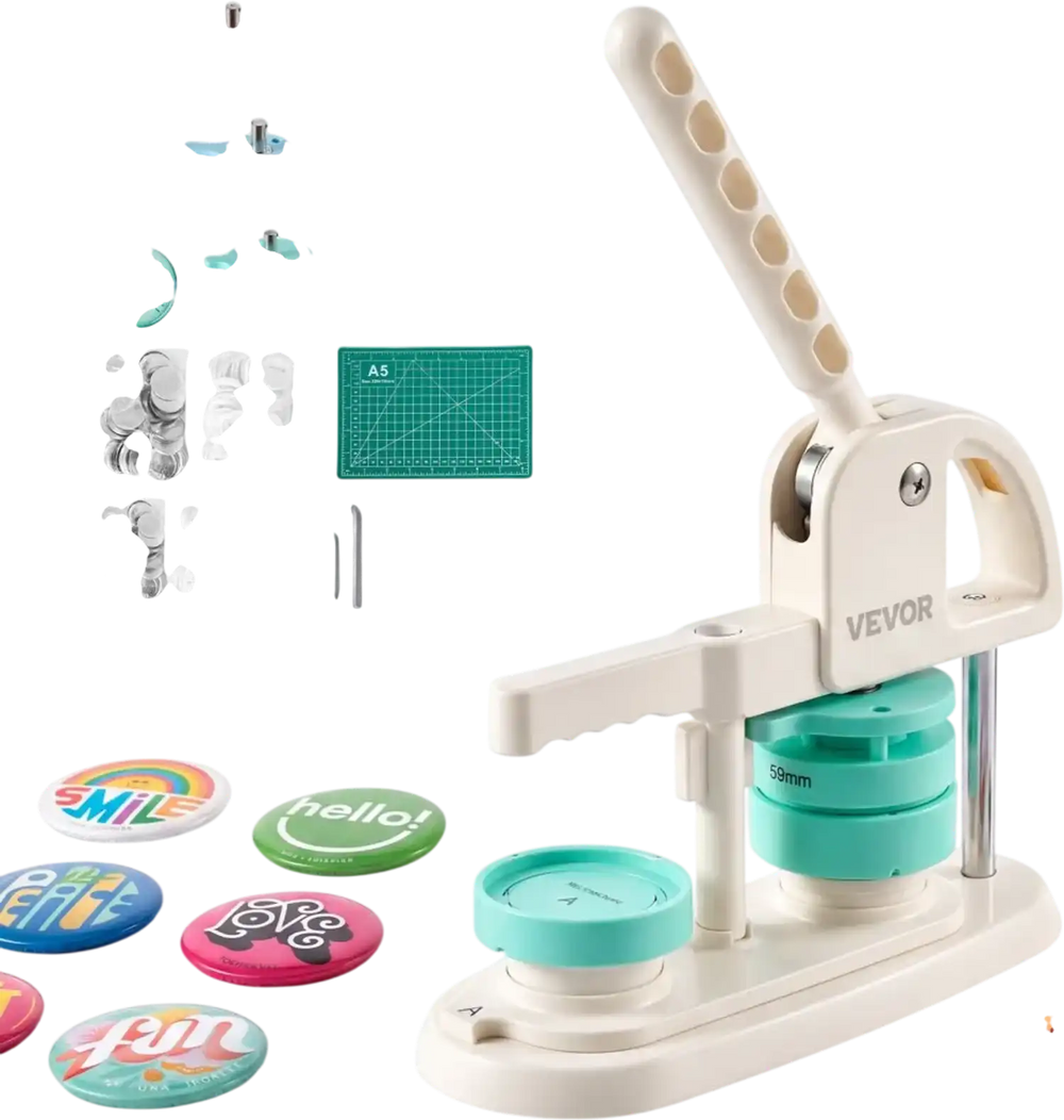 VEVOR Button Maker Machine, 1"/1.25"/2.25"(25/32/58 mm), Quick-Change Plastic Pin Maker, 300pcs Button Parts, Circle Cutter and Magic Book, Reinforced Handle, for DIY Badges, Pins, Key Chains