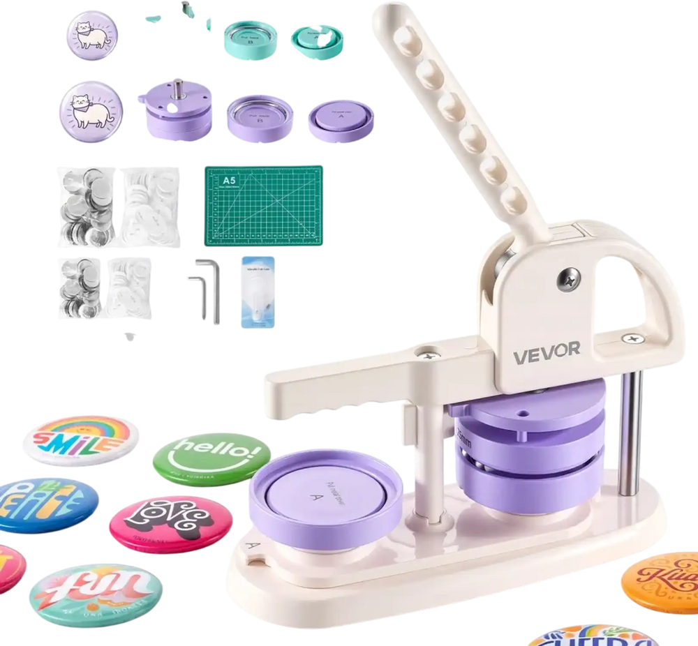VEVOR Button Maker Machine, 2.25"/3"(58/75 mm), Quick-Change Plastic Pin Maker with 200pcs Button Parts, Circle Cutter and Magic Book, Reinforced Handle, for DIY Badges, Pins, Key Chains