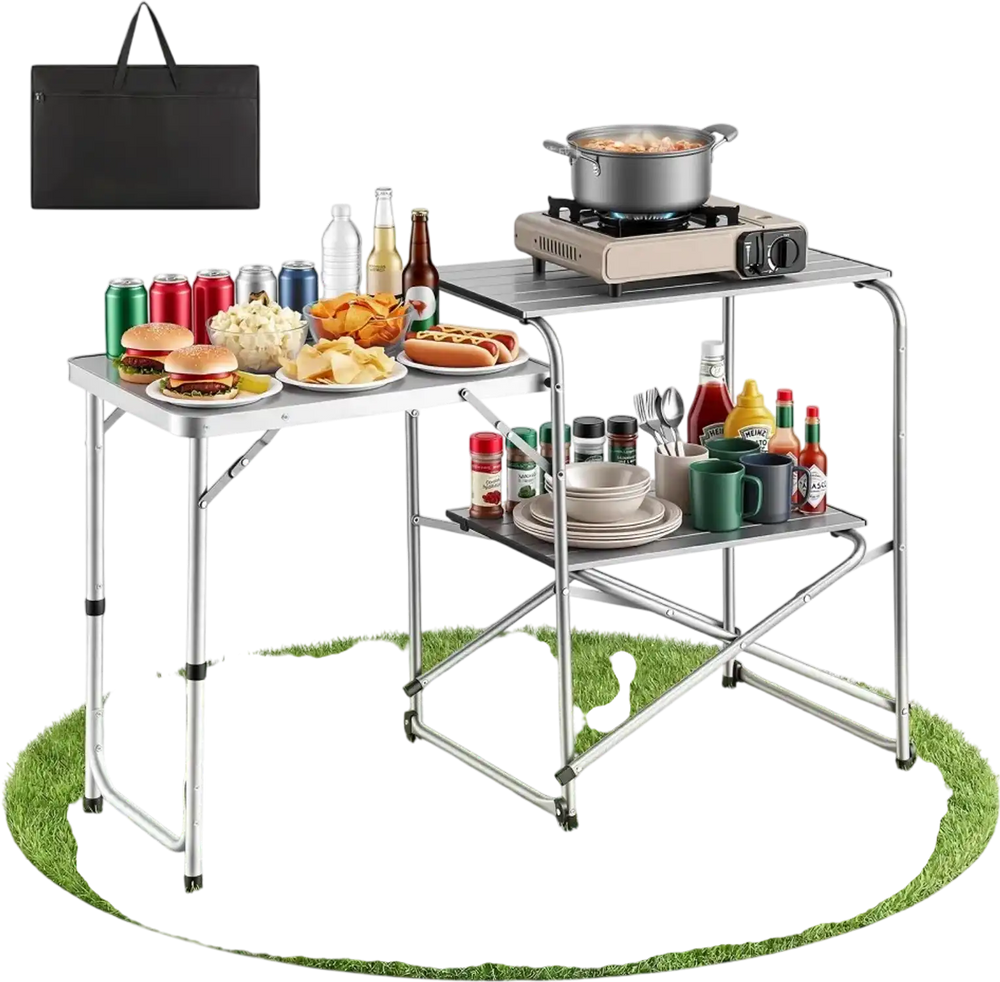 VEVOR Camping Kitchen Table, Slim-Fold Cook Station, Portable Folding Table, with Side Table, Heat Resistant Tabletop, and Carrying Bag, Ideal for Outdoor Picnics, BBQs, Camping, RV Traveling