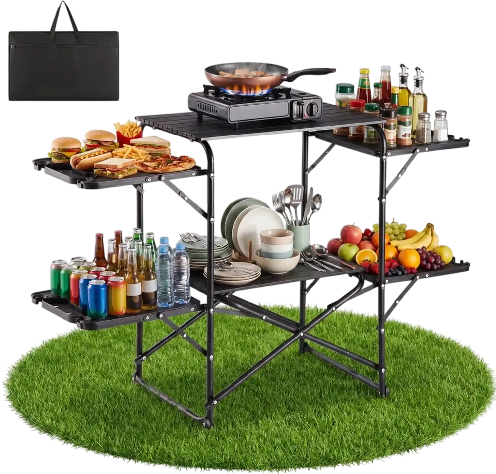 VEVOR Camping Kitchen Table, Slim-Fold Cook Station, Portable Folding Table, with 4 Side Tables, Heat Resistant Tabletop, and Carrying Bag, Ideal for Outdoor Picnics, BBQs, Camping, RV Traveling