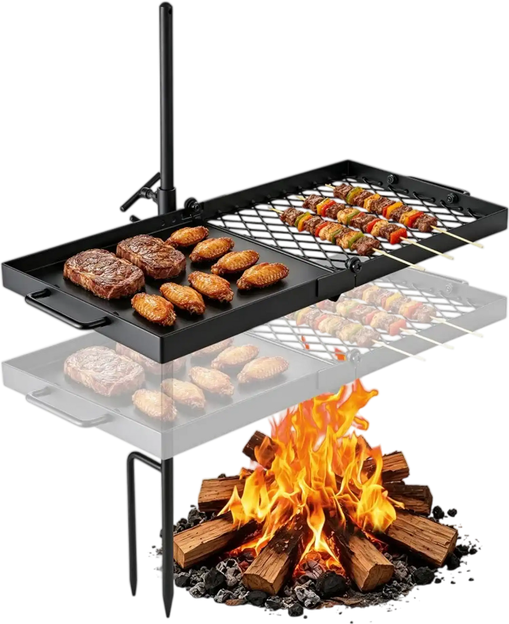 VEVOR Heavy Duty Swivel Campfire Grill, 24" Portable Camping Grill Grate & Griddle, Sturdy Steel BBQ Mesh, 360° Height Adjustable Over Fire Pit Equipment, for Outdoor Open Flame Cooking, Black