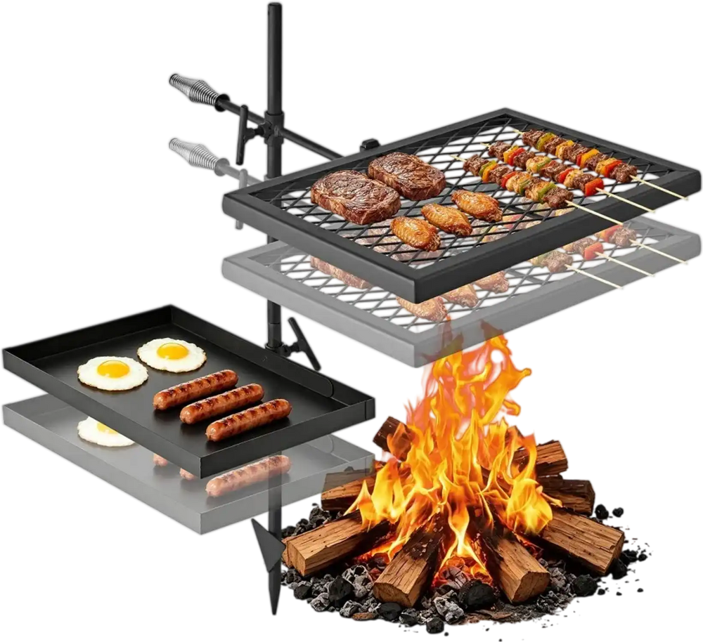 VEVOR Heavy Duty Swivel Campfire Grill, Double Layer Portable Camping Grill Grate & Griddle, Sturdy Steel BBQ Mesh, 360° Height Adjustable Over Fire Pit, for Outdoor Open Flame Cooking, Black