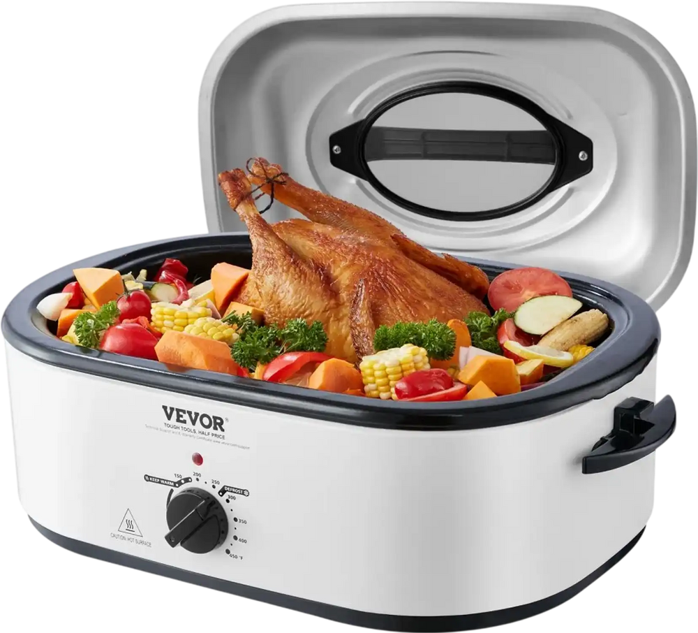 VEVOR Electric Roaster Oven, 22 QT Turkey Roaster Oven with Self-Basting Lid, 1450W Roaster Oven with Defrost & Warm Function, Adjustable Temp, Removable Pan & Rack, Fits Turkeys Up to 26LBS, White