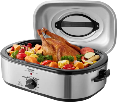 VEVOR Electric Roaster Oven, 22 QT Turkey Roaster Oven with Self-Basting Lid, 1450W Roaster Oven with Defrost & Warm Function, Adjustable Temp, Removable Pan & Rack, Fits Turkeys Up to 26LBS, Silver