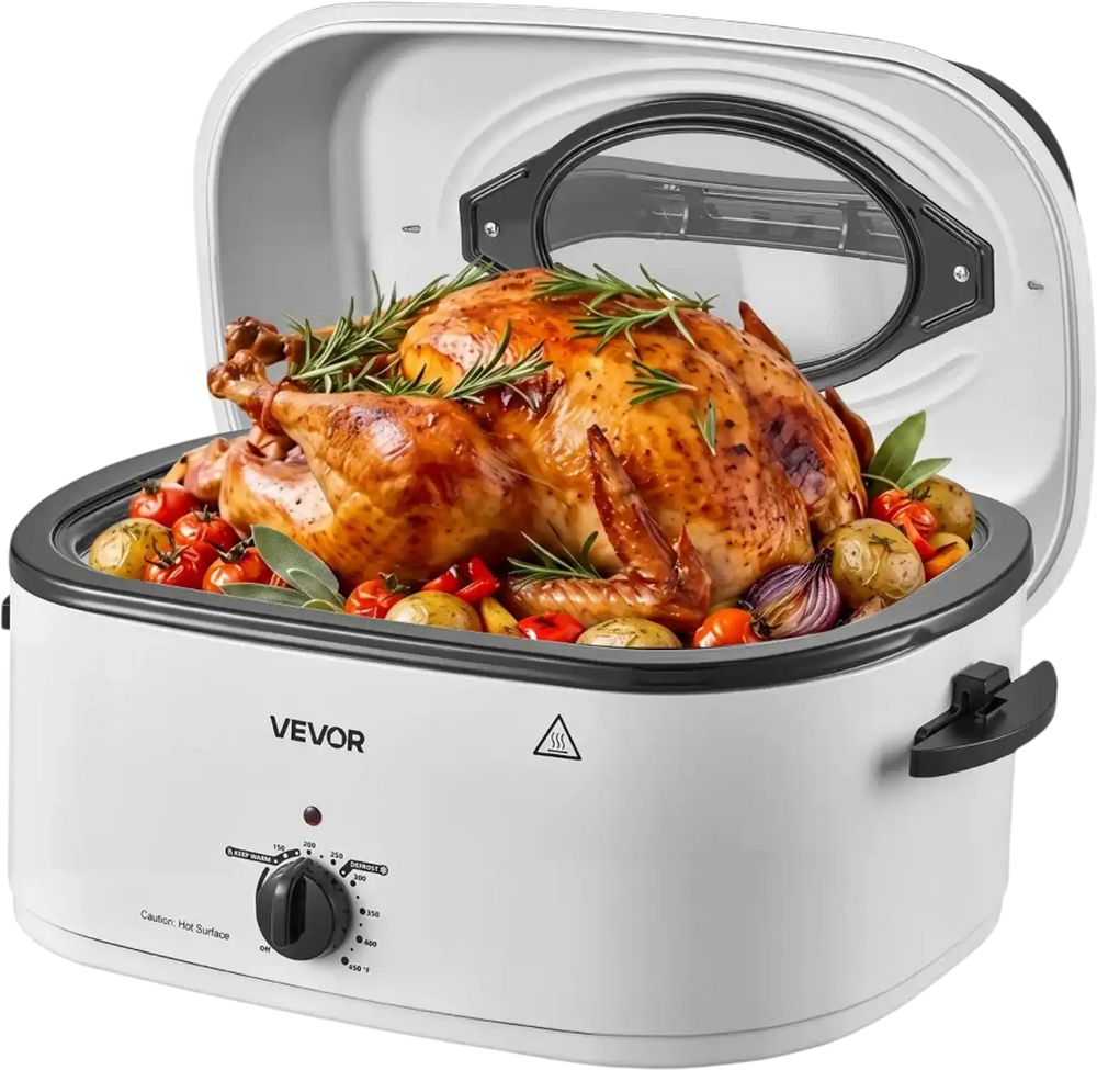 VEVOR Electric Roaster Oven, 22 Qt, Turkey Roasting Pan, White, 1450W Power, Viewing Self-Basting Lid, 150-450°F Heat Control, Countertop Turkey Cooker with Defrost/Warm, Removable Pan and Rack