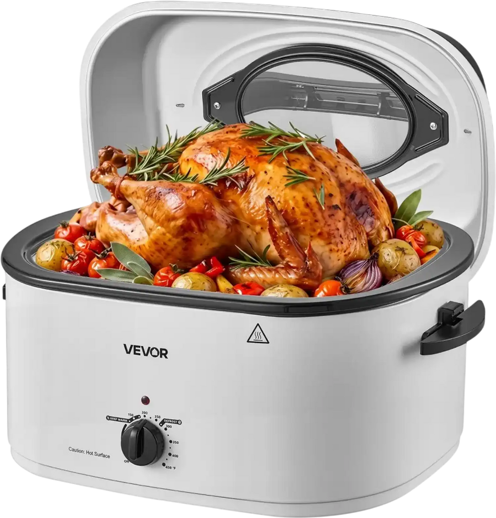 VEVOR Electric Roaster Oven, 26 Qt, Turkey Roasting Pan, White, 1450W Power, Viewing Self-Basting Lid, 150-450°F Heat Control, Countertop Turkey Cooker with Defrost/Warm, Removable Pan and Rack