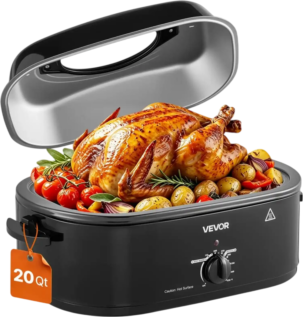 VEVOR Electric Roaster Oven, 20 Qt, Turkey Roasting Pan, Black, 1450W Power, Viewing Self-Basting Lid, 150-450°F Heat Control, Countertop Turkey Cooker with Defrost/Warm, Removable Pan and Rack