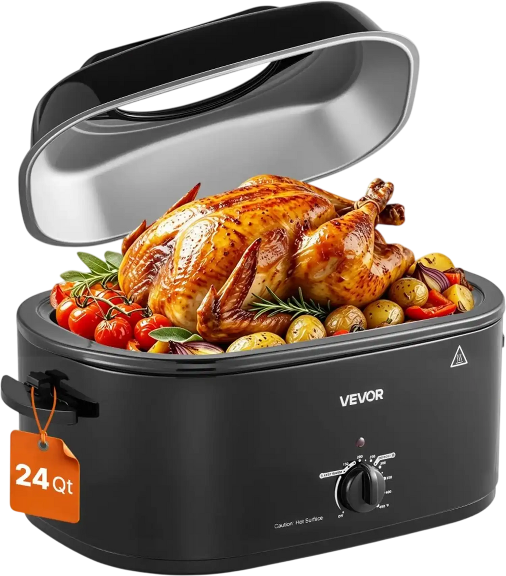 VEVOR Electric Roaster Oven, 24 Qt, Turkey Roasting Pan, Black, 1450W Power, Viewing Self-Basting Lid, 150-450°F Heat Control, Countertop Turkey Cooker with Defrost/Warm, Removable Pan and Rack