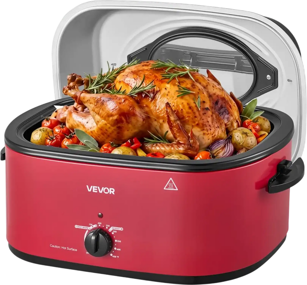 VEVOR Electric Roaster Oven, 24 Qt, Turkey Roasting Pan, Red, 1450W Power, Viewing Self-Basting Lid, 150-450°F Heat Control, Countertop Turkey Cooker with Defrost/Warm, Removable Pan and Rack