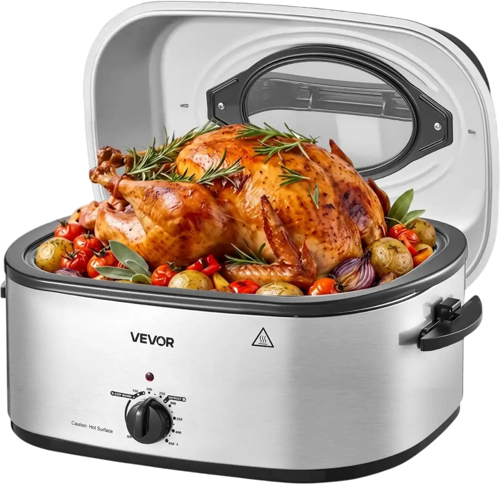 VEVOR Electric Roaster Oven, 22 Qt 1450W, Turkey Roasting Pan, Viewing Self-Basting Lid, 150-450°F Adjustable Heat, Countertop Turkey Cooker with Defrost and Warm Functions, Removable Pan and Rack
