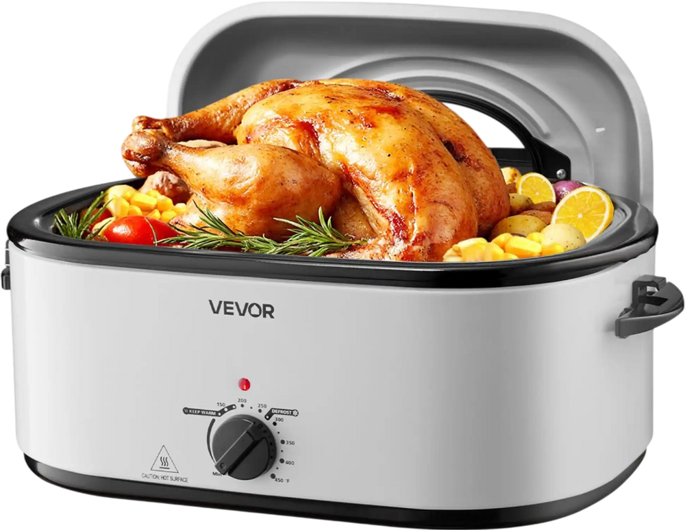 VEVOR Roaster Oven, 26QT Electric Roasting Pan, 150-450℉ Adjustable Temperature Fast-Cooking Turkey Roaster with Cool-Touch Handle, Visible Self-Basting Lid, Defrost & Warm Function, Fits 30lb Turkey