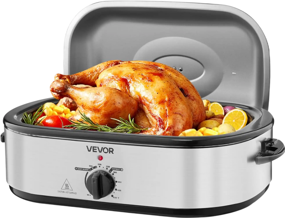VEVOR Roaster Oven, 18QT Electric Roaster Oven, 150-450℉ Adjustable Temperature Electric Roasting Pan with Self-Basting Lid, Cool-Touch Handle, Defrost & Warm Function, Stainless Steel Turkey Ovens