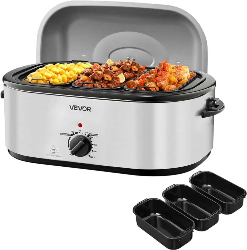 VEVOR Roaster Oven, 24QT Electric Turkey Roaster Oven, 150-450℉ Adjustable Temperature Electric Roasting Pan with 3 Bin Buffet Server, Self-Basting Lid, Defrost & Warm Function, Self-Basting Lid