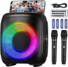 VEVOR Karaoke Machine for Adults, 15W, 4-inch Portable Bluetooth Speaker with 2 Wireless Microphones, LED Light, TWS Function, Handle, Supports Micro TF Card, USB, AUX, for Home Karaoke Party Singing