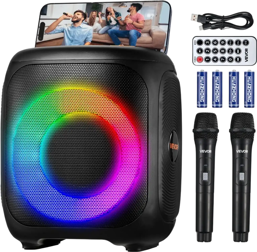 VEVOR Karaoke Machine for Adults, 15W, 4-inch Portable Bluetooth Speaker with 2 Wireless Microphones, LED Light, TWS Function, Handle, Supports Micro TF Card, USB, AUX, for Home Karaoke Party Singing
