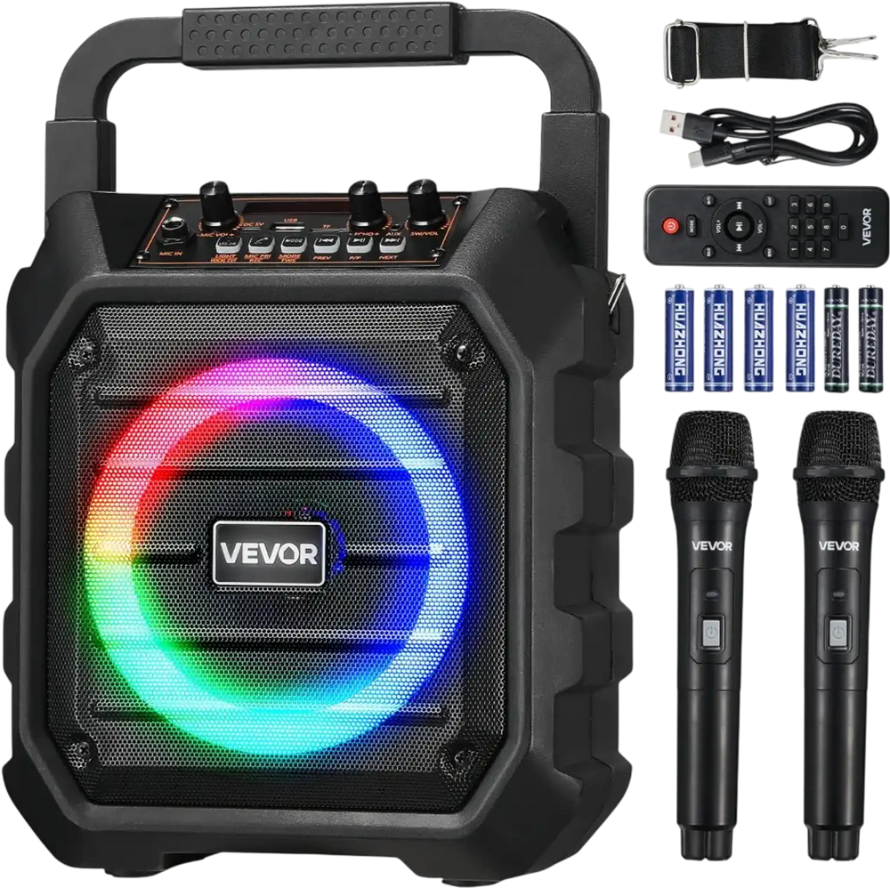 VEVOR Karaoke Machine for Adults, 20W, 6.5-inch Portable Bluetooth Speaker with 2 Wireless Microphones, LED Light, TWS Function, Handle, Shoulder Strap, Support Micro TF Card, USB, AUX, for Home Party