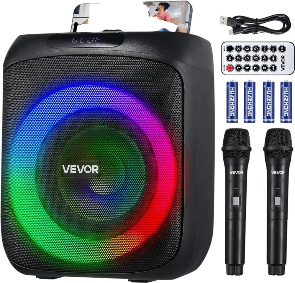 VEVOR Karaoke Machine for Adults, 30W, 6.5-inch Portable Bluetooth Speaker with 2 Wireless Microphones, LED Light, TWS Function, Handle, Support Micro TF Card, USB, AUX, for Home Karaoke Party Singing
