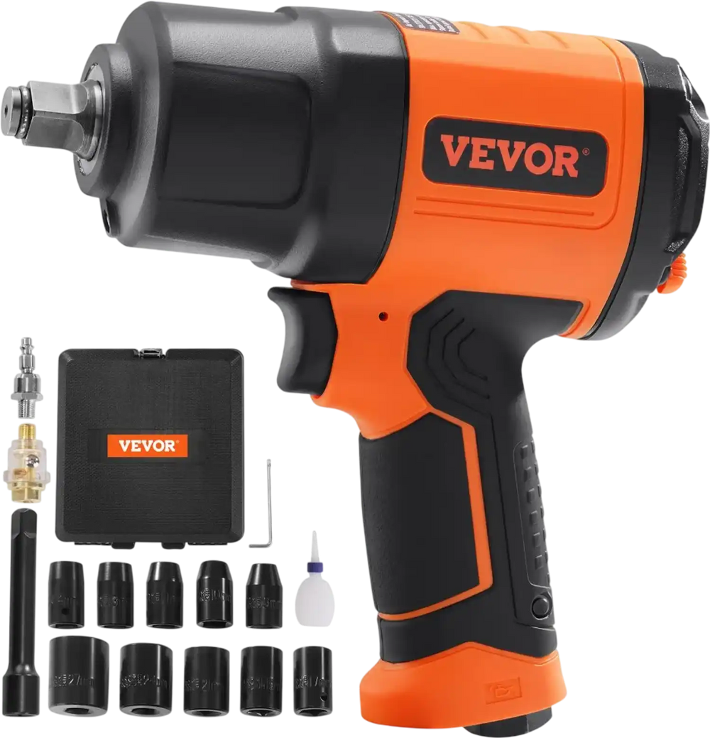 VEVOR 1/2-Inch Air Impact Wrench, High Torque Up to 1400 ft-lbs, Lightweight 4.6 lb Design Pneumatic Impact Gun with 11-PCS 1/2-Inch Drive CR-V Steel Impact Socket Set & Carrying Case
