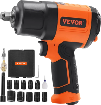 VEVOR 1/2-Inch Air Impact Wrench, High Torque Up to 1400 ft-lbs, Lightweight 4.6 lb Design Pneumatic Impact Gun with 11-PCS 1/2-Inch Drive CR-V Steel Impact Socket Set & Carrying Case