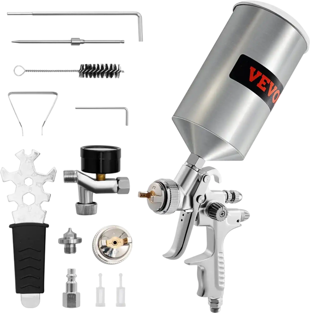 VEVOR HVLP Air Spray Gun, Professional Gravity Feed Sprayer Piant Automotive 1.3mm 1.7mm Stainless Nozzles 1000cc Copper Cup with MPS Adapter and Air Regulator for Primer, Clear & Top Coat, Touch Up