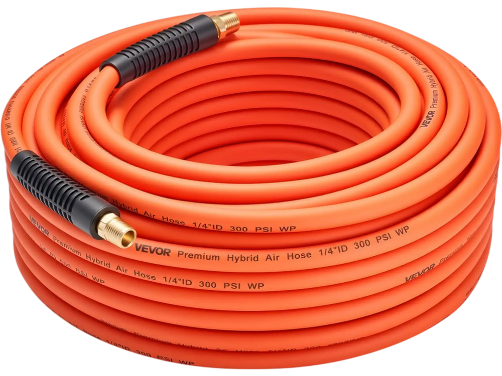 VEVOR Air Hose, 1/4" x 100FT Hybrid Air Compressor Hose, 300 PSI Kink-Resistant Pneumatic Hoses with 1/4-inch Solid MNPT Bras Fittings, Three-Layer Construction, All-Weather Flexibility