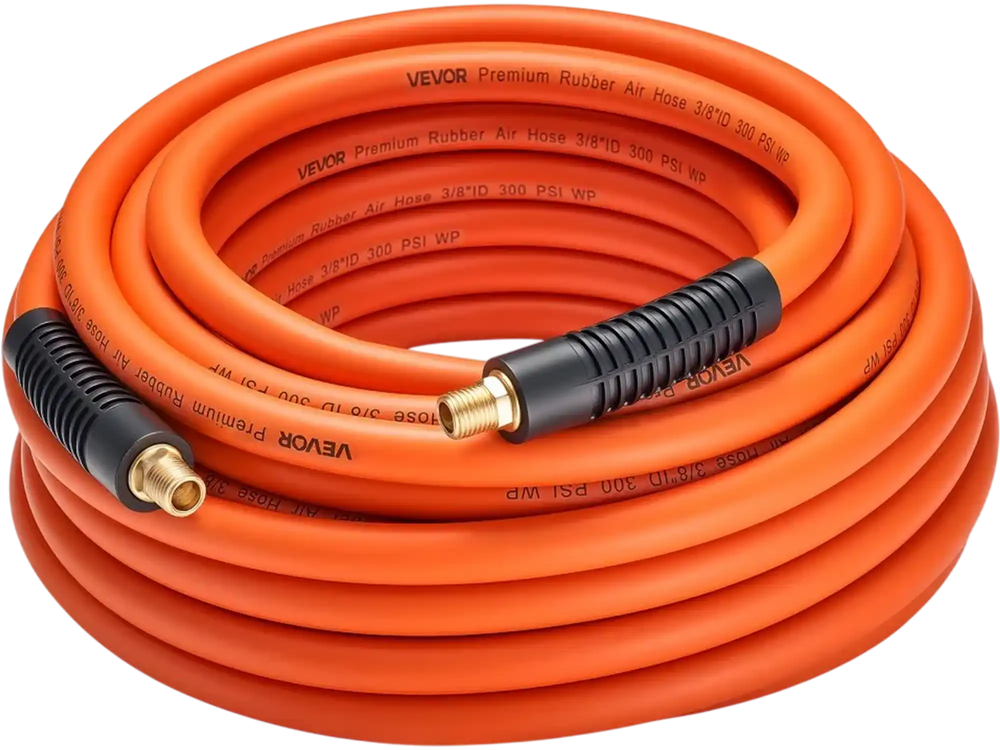 VEVOR Air Hose, 3/8'' x 50FT Rubber Air Compressor Hose, 300 PSI Kink-Resistant Pneumatic Hoses with 1/4-inch Solid MNPT Bras Fittings, Three-Layer Construction, All-Weather Flexibility
