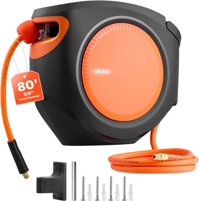 VEVOR Retractable Air Hose Reel, 3/8 Inch x 80 FT Hybrid Air Hose Max 300PSI, Enclosed Air-Compressor Hoses Reel Auto Rewind with 6.6 ft Lead in, 180° Swivel Ceiling/Wall Mount for Workshops