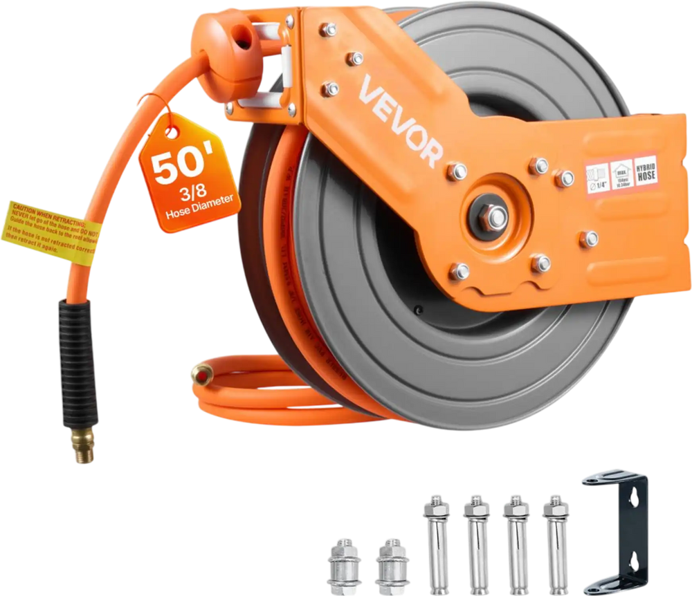 VEVOR Retractable Air Hose Reel, 3/8 Inch x 50 FT Hybrid Air Hose Max 300PSI, Auto Rewind Air-Compressor Hoses Reel with 5 ft Lead in, 180° Swivel Ceiling/Wall Mount for Garage Workshops