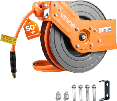 VEVOR Retractable Air Hose Reel, 3/8 Inch x 50 FT Hybrid Air Hose Max 300PSI, Auto Rewind Air-Compressor Hoses Reel with 5 ft Lead in, 180° Swivel Ceiling/Wall Mount for Garage Workshops