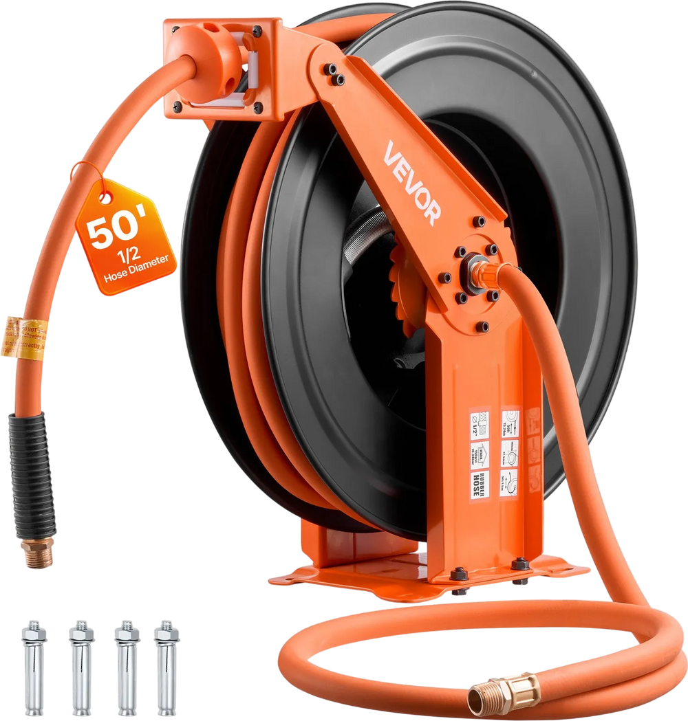 VEVOR Retractable Air Hose Reel, 1/2 Inch x 50 FT Rubber Air Hose Max 300PSI, Auto Rewind Air-Compressor Hoses Reel with 5 ft Lead in, Ceiling/Wall Mount Heavy Duty Steel Double Arm