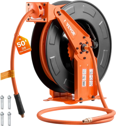 VEVOR Retractable Air Hose Reel, 3/8 Inch x 50 FT Rubber Air Hose Max 300PSI, Auto Rewind Air-Compressor Hoses Reel with 5 ft Lead in, Ceiling/Wall Mount Heavy Duty Steel Double Arm