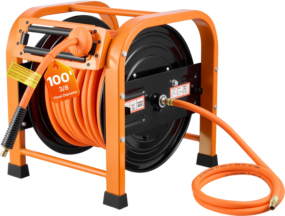 VEVOR Retractable Air Hose Reel, 3/8 Inch x 100 FT PVC Air Hose Max 300PSI, Auto Rewind Air-Compressor Hoses Reel with 5 ft Lead in, Portable Freestanding Heavy Duty Steel Reel for Garages Workshops