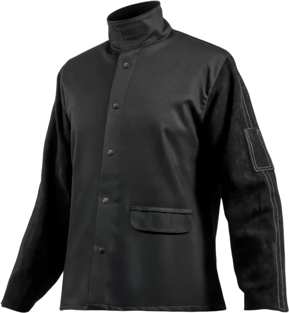 VEVOR Flame-Resistant Welding Jacket - L Size, Heavy Duty Split Cowhide Leather Sleeve + 9 oz. FR Cotton Body, Heat-Resistant Welding Safety Jacket with Snap Buttons & Pockets, Ideal for Welder Fitter