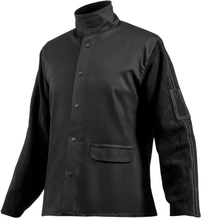 VEVOR Flame-Resistant Welding Jacket - L Size, Heavy Duty Split Cowhide Leather Sleeve + 9 oz. FR Cotton Body, Heat-Resistant Welding Safety Jacket with Snap Buttons & Pockets, Ideal for Welder Fitter