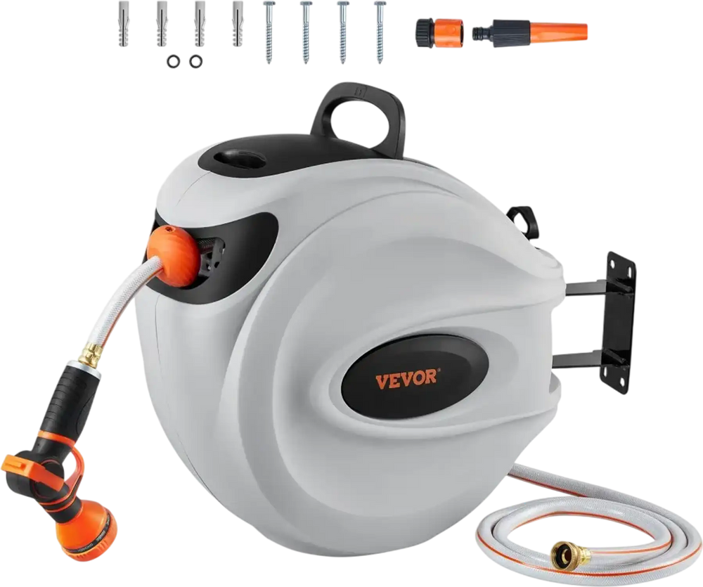 VEVOR Retractable Hose Reel, 100 ft x 1/2 inch, 180° Swivel Bracket Wall-Mounted, Garden Water Hose Reel with 9-Pattern Nozzle, Automatic Rewind, Lock at Any Length, and Slow Return System