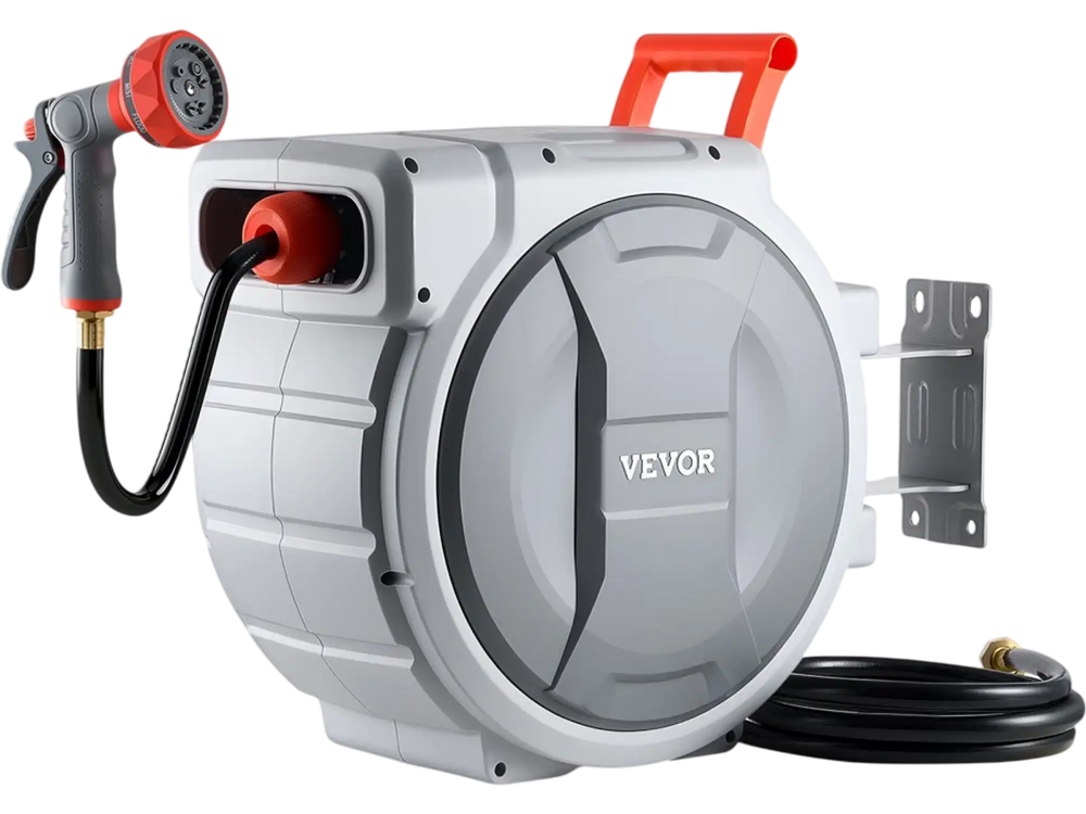 VEVOR Retractable Garden Hose Reel, 1/2 in x 100 ft, Wall Mounted Hose Reel with 9-Function Sprayer Nozzle and 180° Swivel Bracket, Any Length Lock, Automatic Slow Rewind System, for Garden Watering