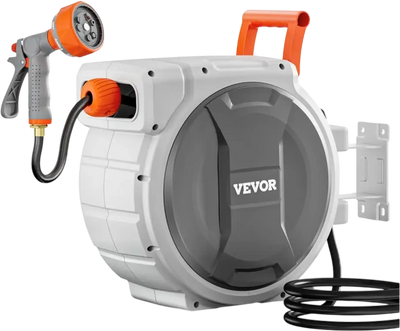 VEVOR Retractable Garden Hose Reel, 5/8 Inch x 100 ft Wall Mounted Hose Reel, Heavy Duty Garden Hose Reel with 9 Patterns Nozzle, Any Length Lock, Upgraded Slow Return System and 180°Swivel Bracket