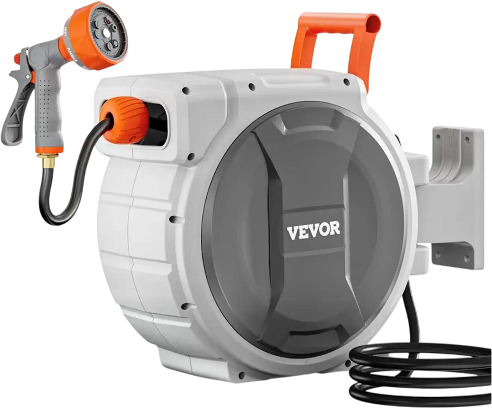 VEVOR Retractable Garden Hose Reel, 1/2 Inch x 84 ft Wall Mounted Hose Reel, Heavy Duty Garden Hose Reel with 9 Patterns Nozzle, Any Length Lock, Upgraded Slow Return System and 180°Swivel Bracket